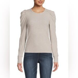 Splendid Striped Puff Sleeve Top in Khaki and White Stripe, Size XS.